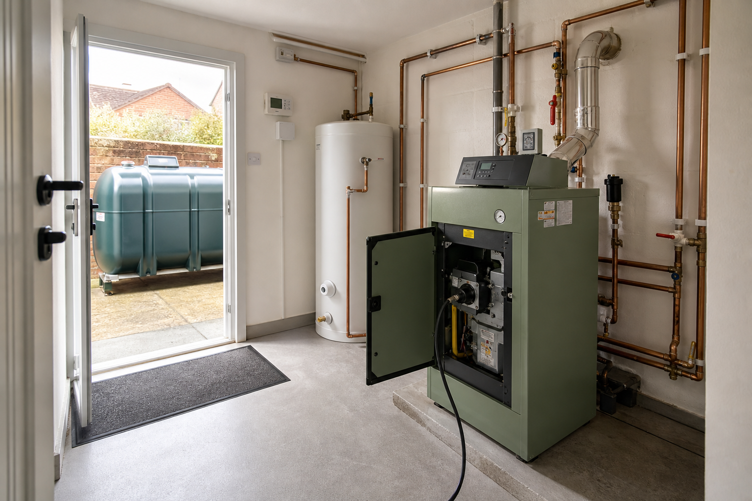 Boiler room with a green heating unit, white water tank, and open door revealing a large outdoor fuel tank.