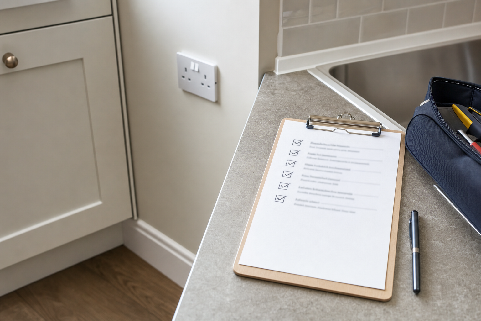 A clipboard with a completed checklist lies on a kitchen counter next to a pen and a tool bag.