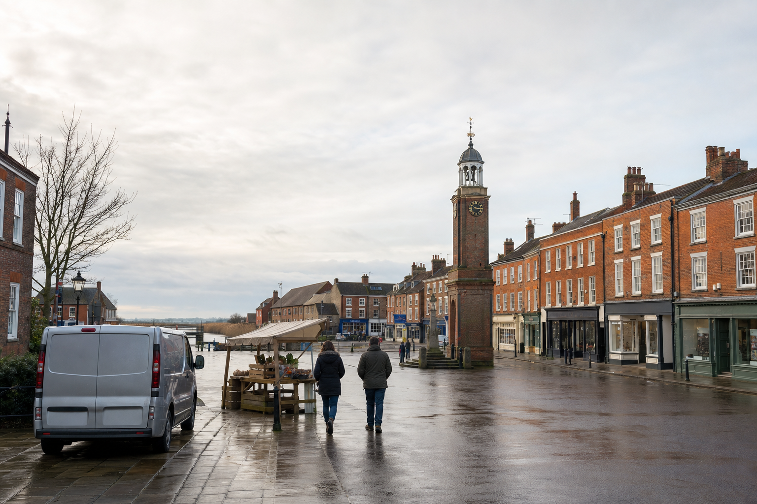 A wet town square with a clock tower, market stall, parked van, and two people walking under a cloudy sky.