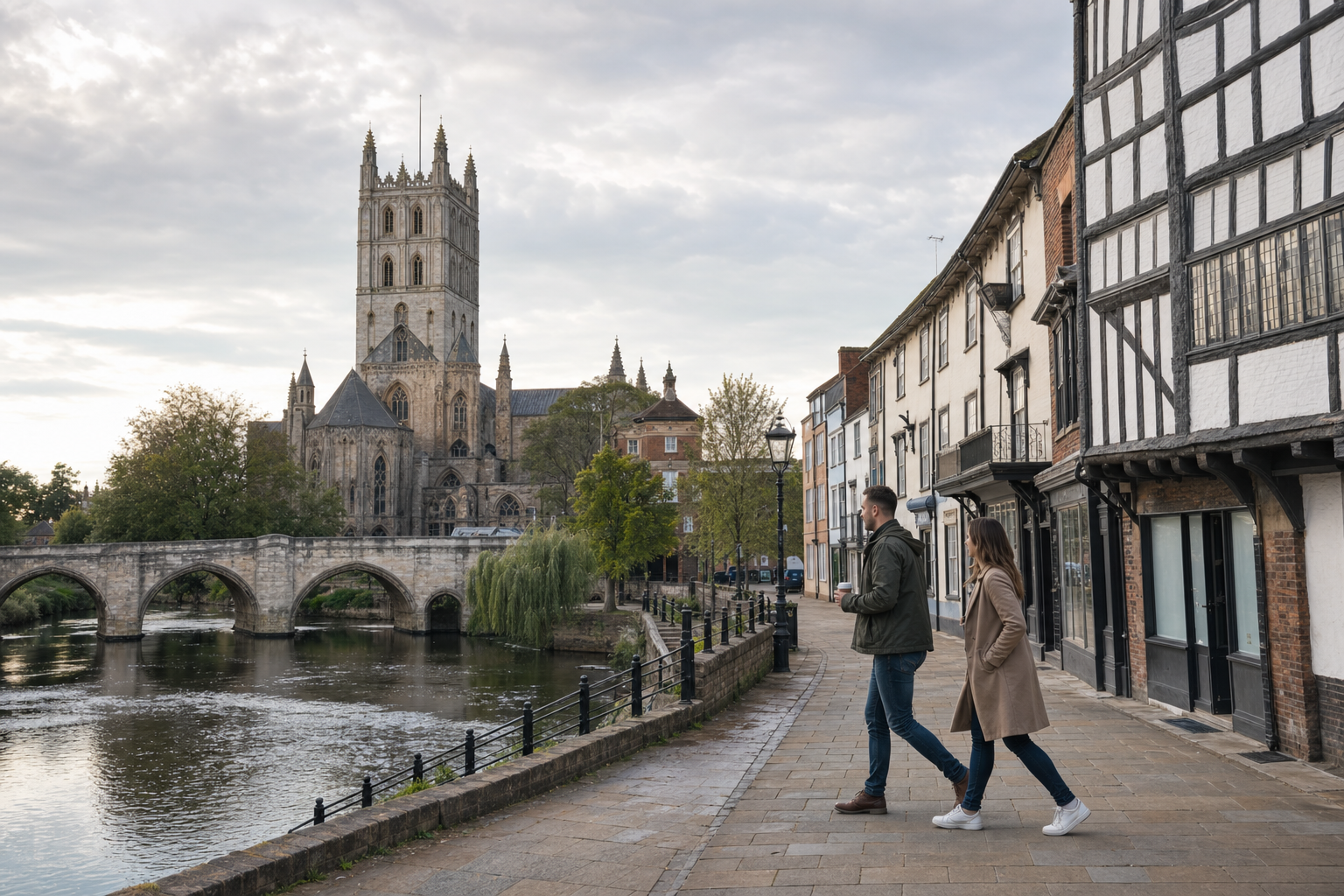 A couple walks along a riverside path with a historic cathedral and a stone bridge in the background.