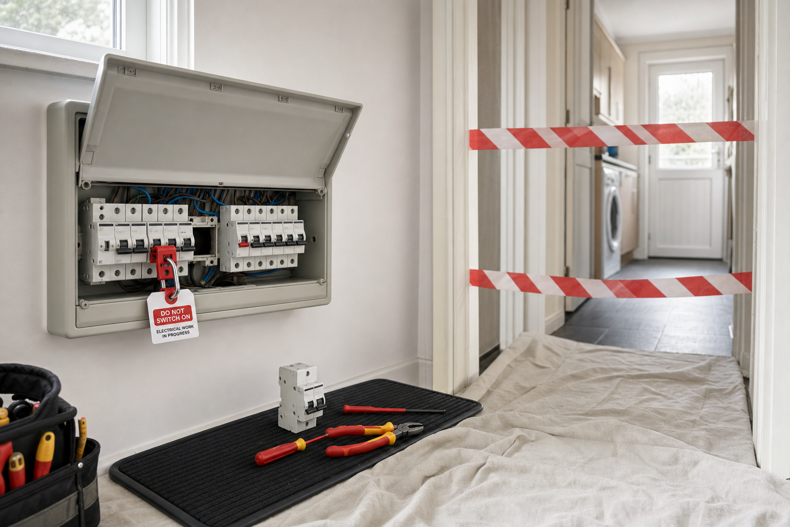 Electrical maintenance with an open fuse box, tools on a mat, and a caution sign on a hallway barrier.