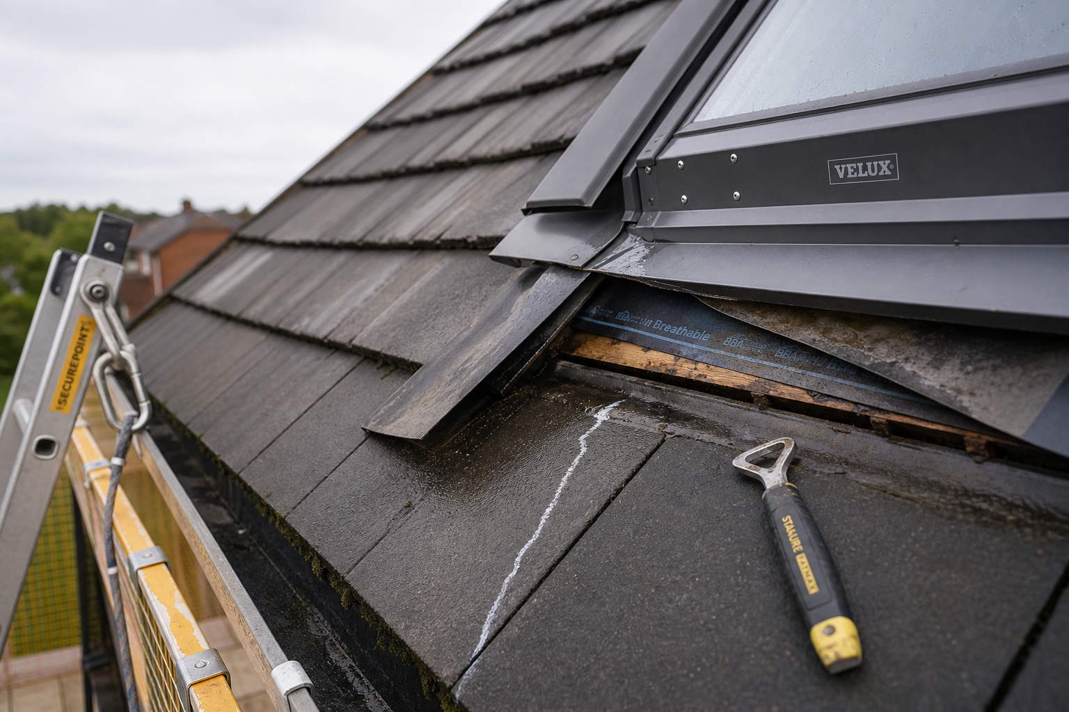 A roof undergoing repair with a partially removed tile, ladder, and a hammer left on the surface near a skylight.