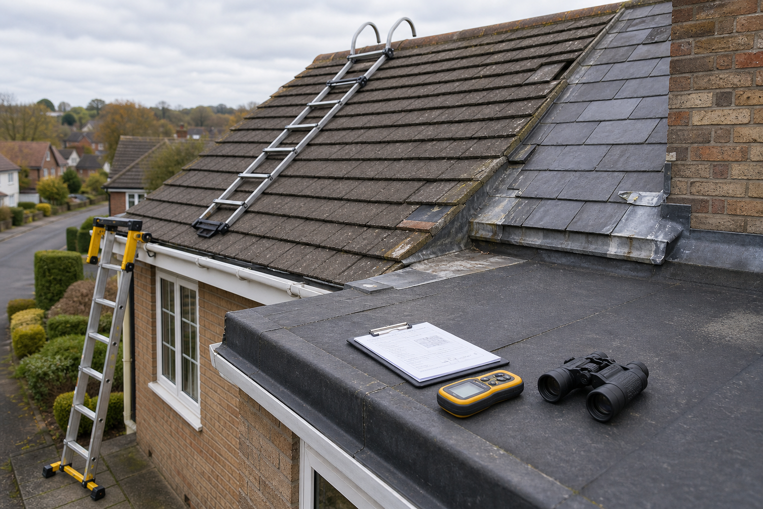 Ladder and inspection tools on a roof next to a clipboard, binoculars, and a measuring device.