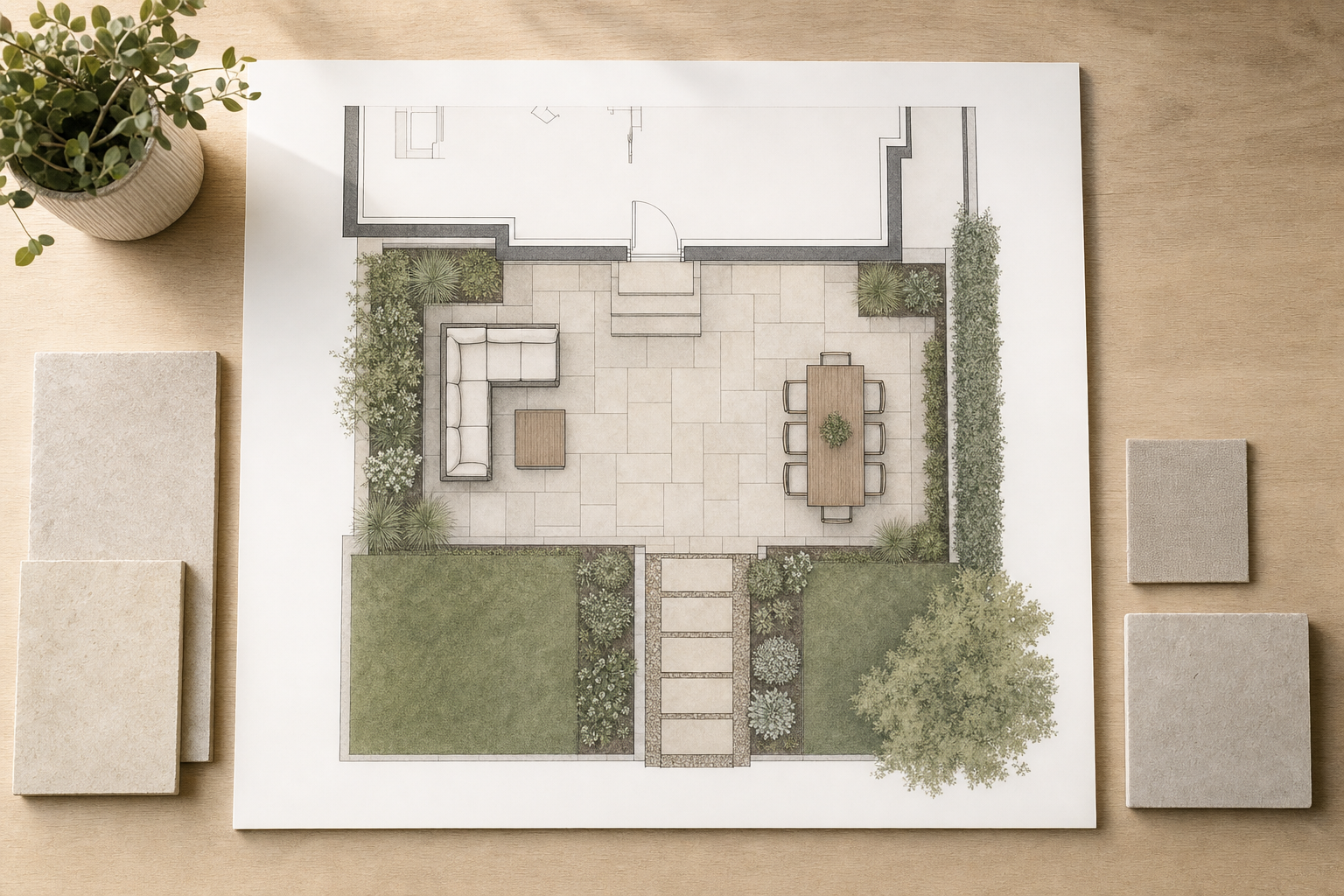 Architectural plan of a garden with seating area, dining table, and surrounding greenery, alongside three stone samples.