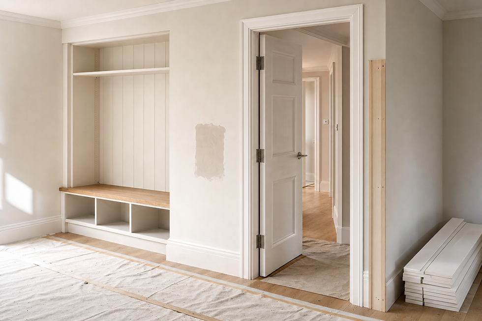 Unfinished room with open door, built-in shelves, and stacked wooden planks on a hardwood floor covered by protective sheets.