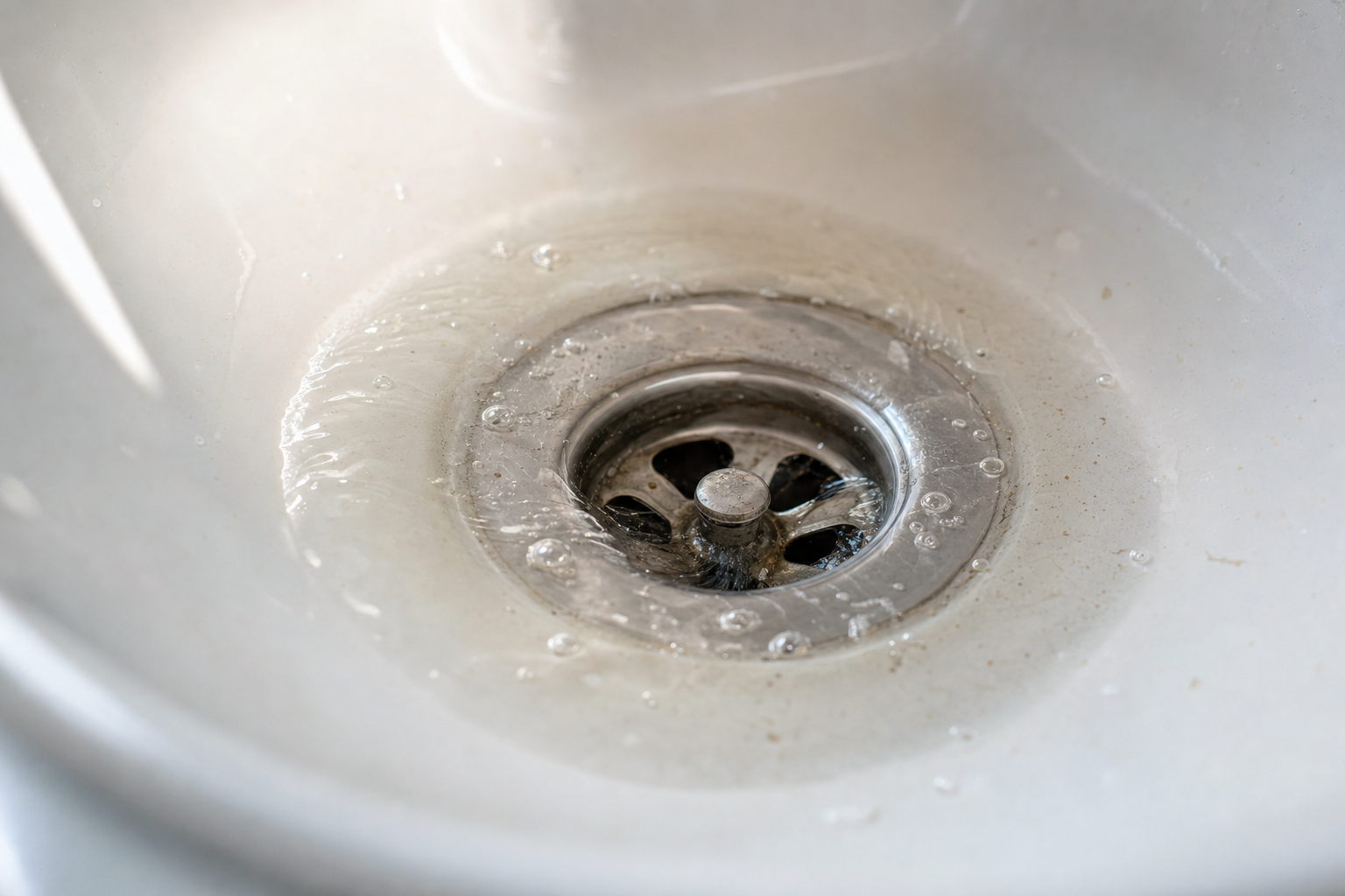 Close-up of a white sink drain with water and soap residue around it.