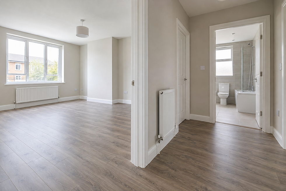 Empty room with wooden flooring, a large window, and an adjacent bathroom visible through an open door.