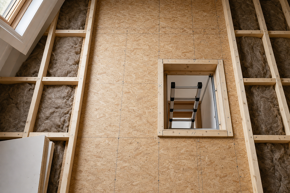 Attic ladder extending through an opening in a partially insulated wall with exposed beams.