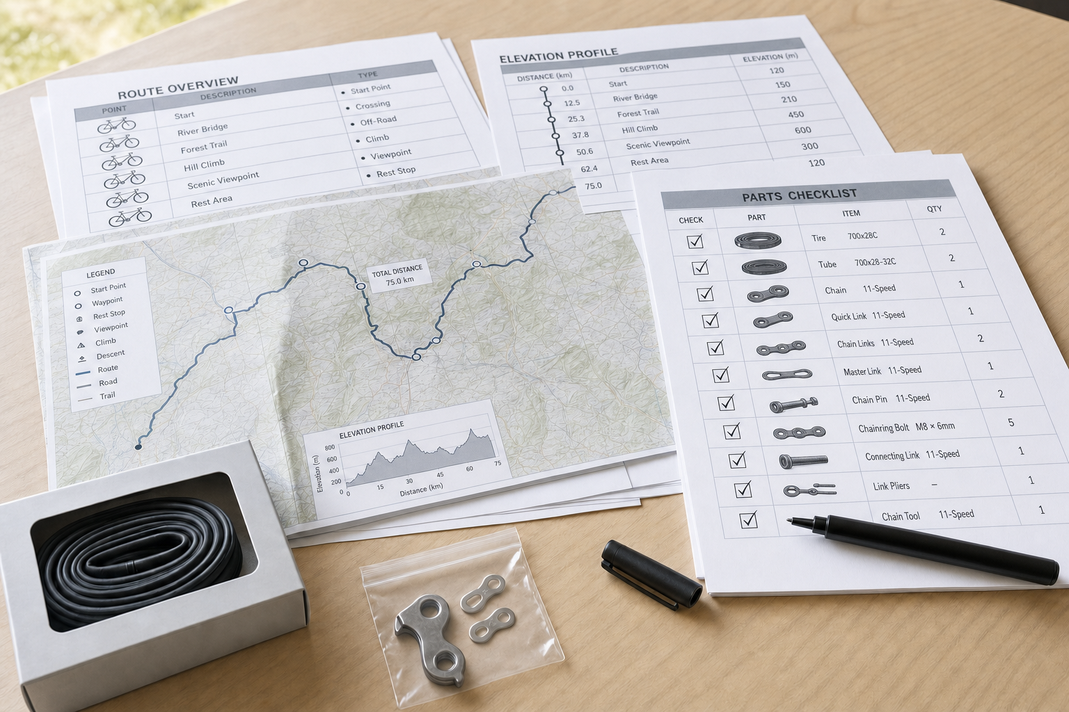 Cycling route map with itinerary, elevation profile, and parts checklist on a wooden table with a tyre and chain links.