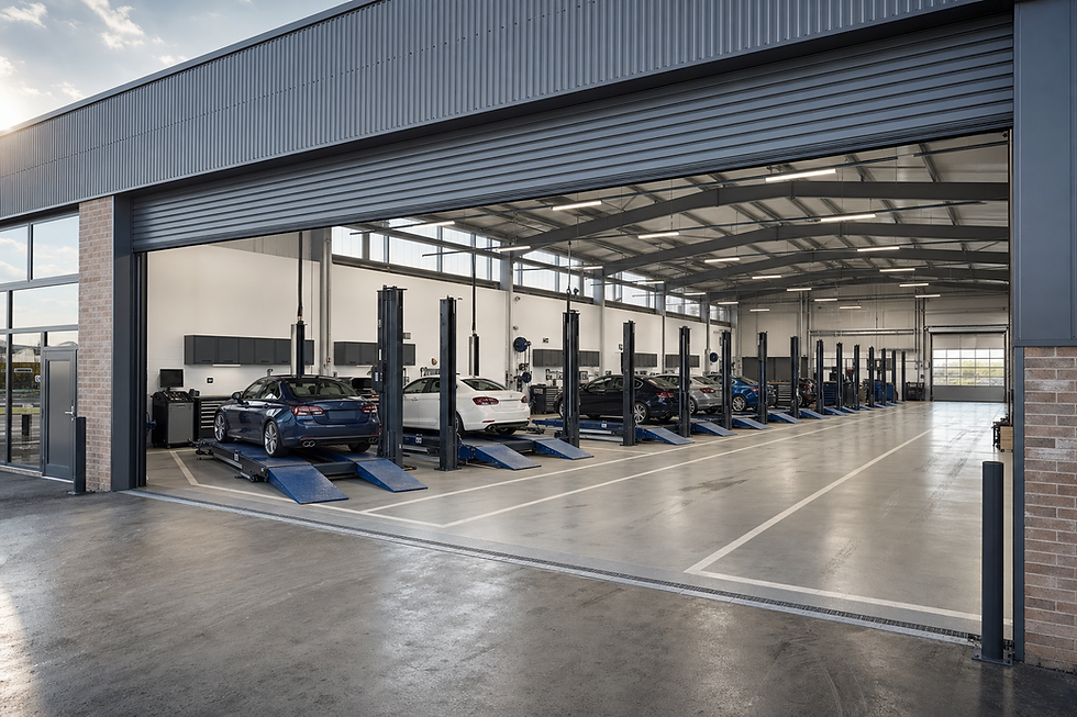 Car workshop interior with multiple vehicle lifts and cars positioned for maintenance in a spacious, well-lit garage.