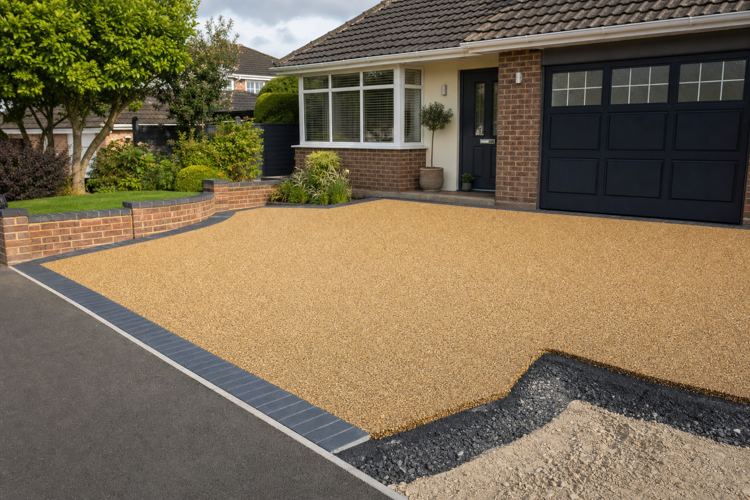 A newly laid gravel driveway in front of a suburban house with a brick wall and garden.