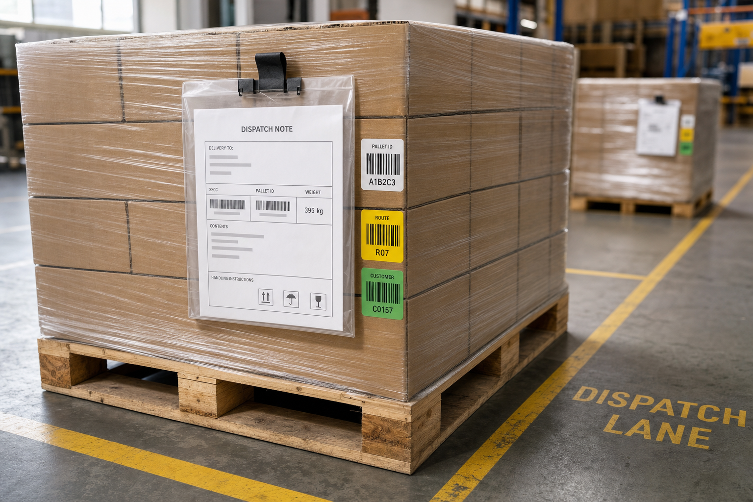 Wooden pallet wrapped in plastic with a dispatch note in a warehouse dispatch lane.