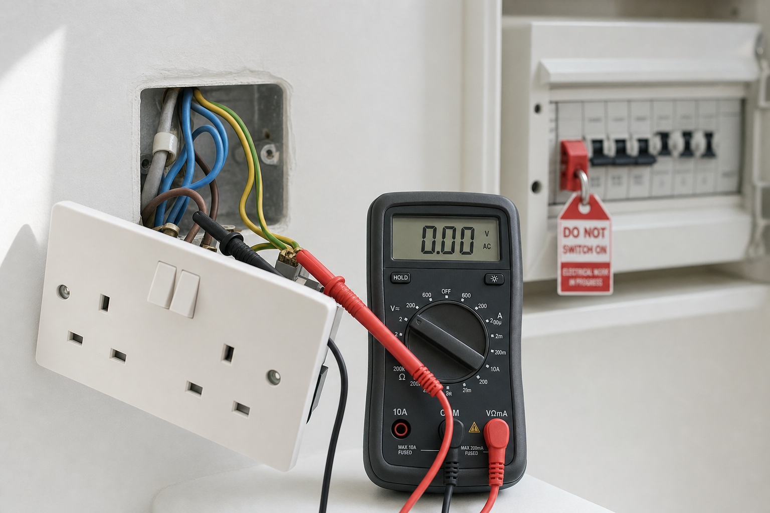 A multimeter measures voltage at a partially installed electrical socket with a safety warning on the consumer unit nearby.