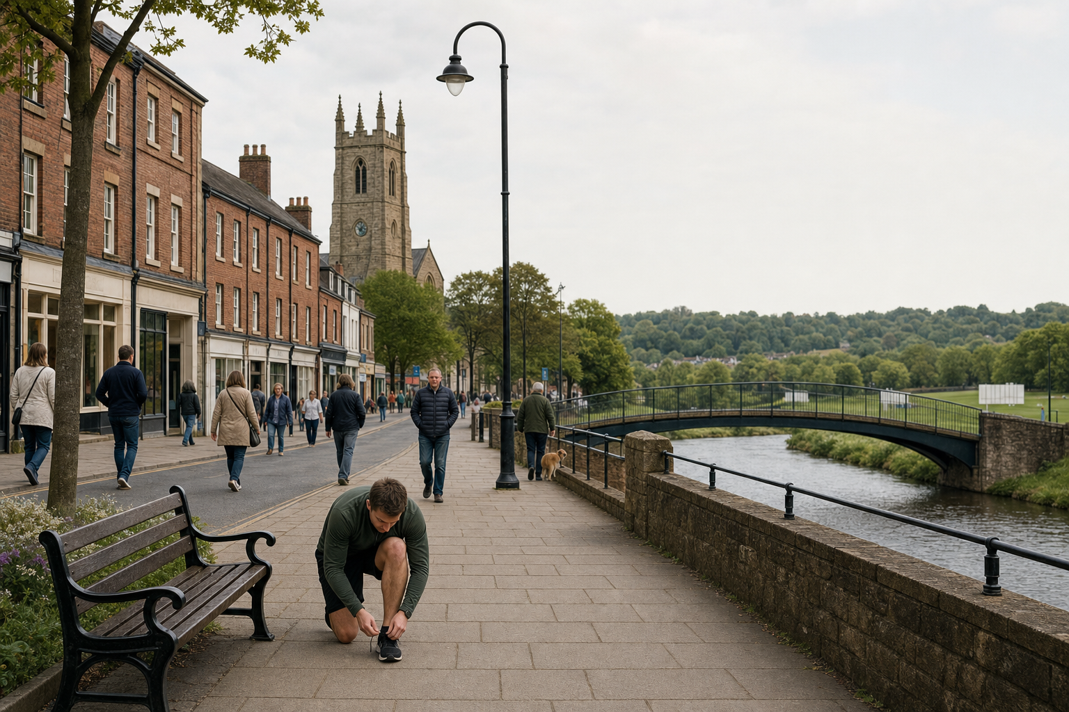 A man kneels to tie his shoe on a riverside walkway with people strolling and a church in the background.