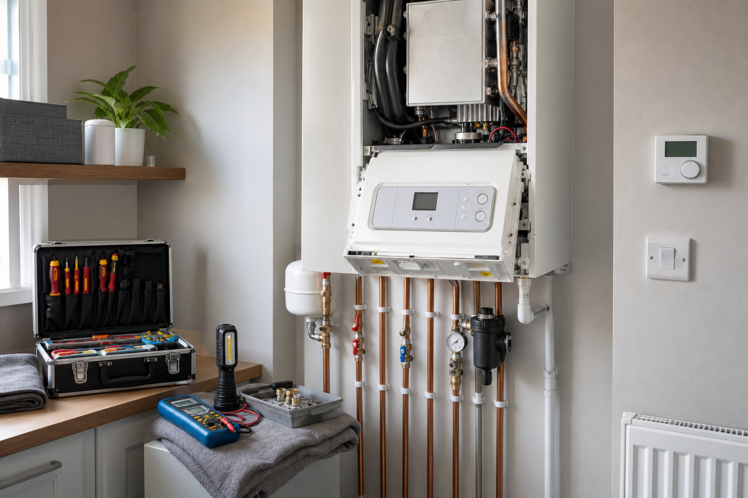 Open wall-mounted boiler with tools and equipment set up for maintenance.