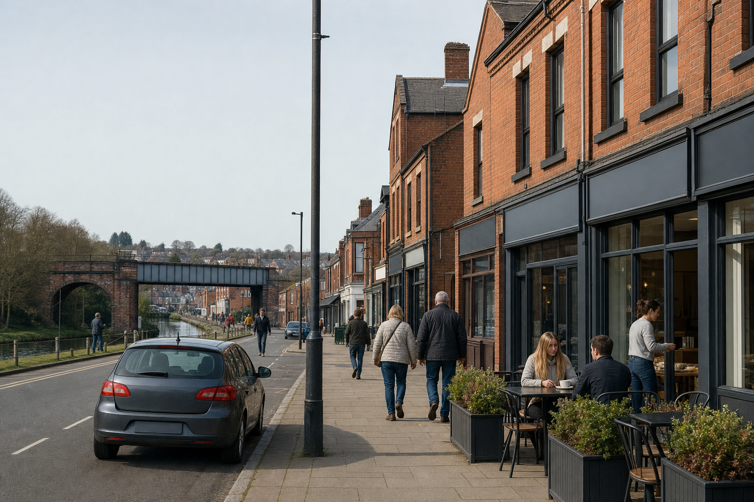 A bustling street with people walking and sitting outside a café, with a bridge and canalside path nearby.