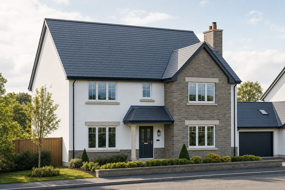 Modern two-storey house with a slate roof and stone façade, surrounded by a neatly landscaped garden.