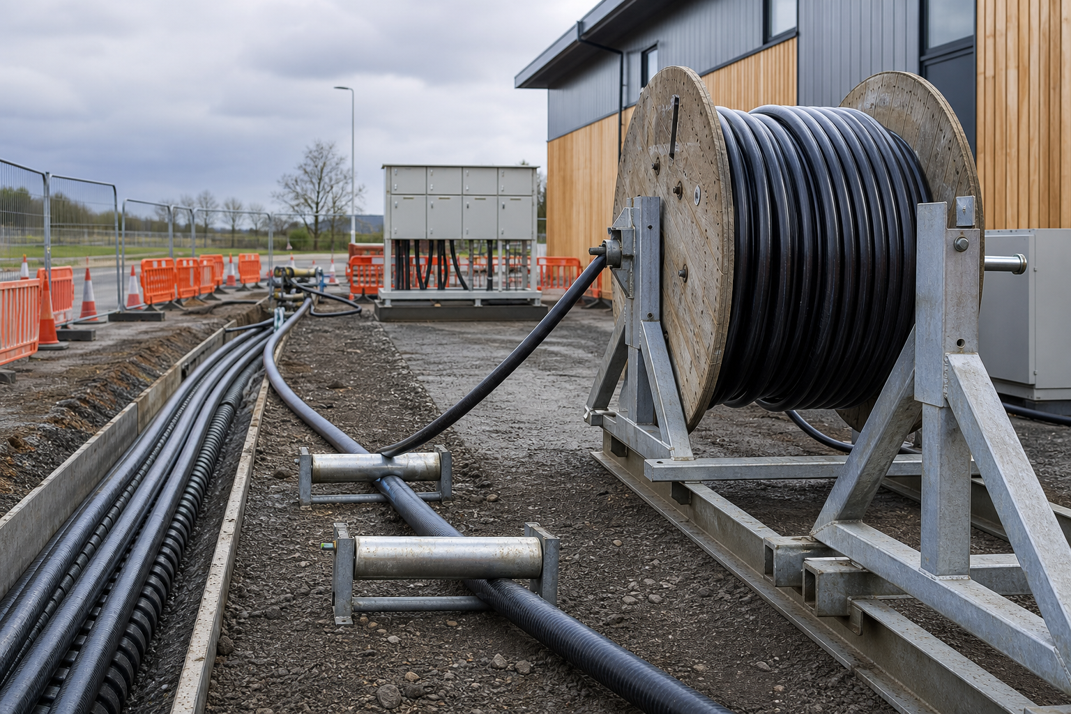 Large cable spool set up at an outdoor utility installation site near construction barriers.