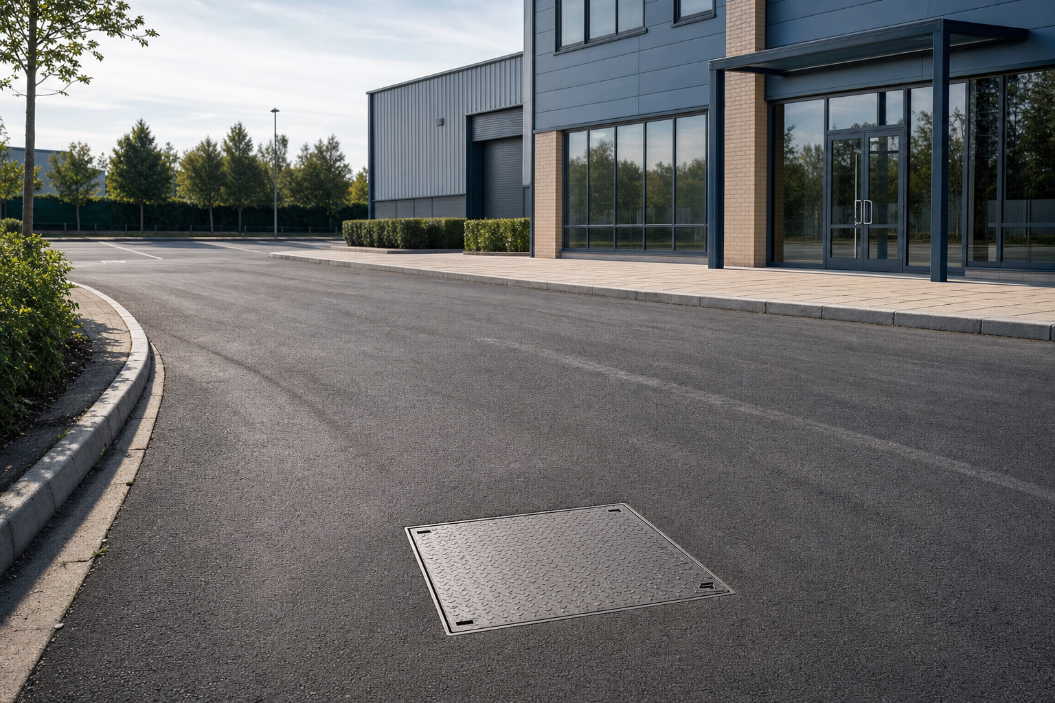 An industrial building with large windows and an empty car park in front, featuring a metal utility cover on the tarmac.