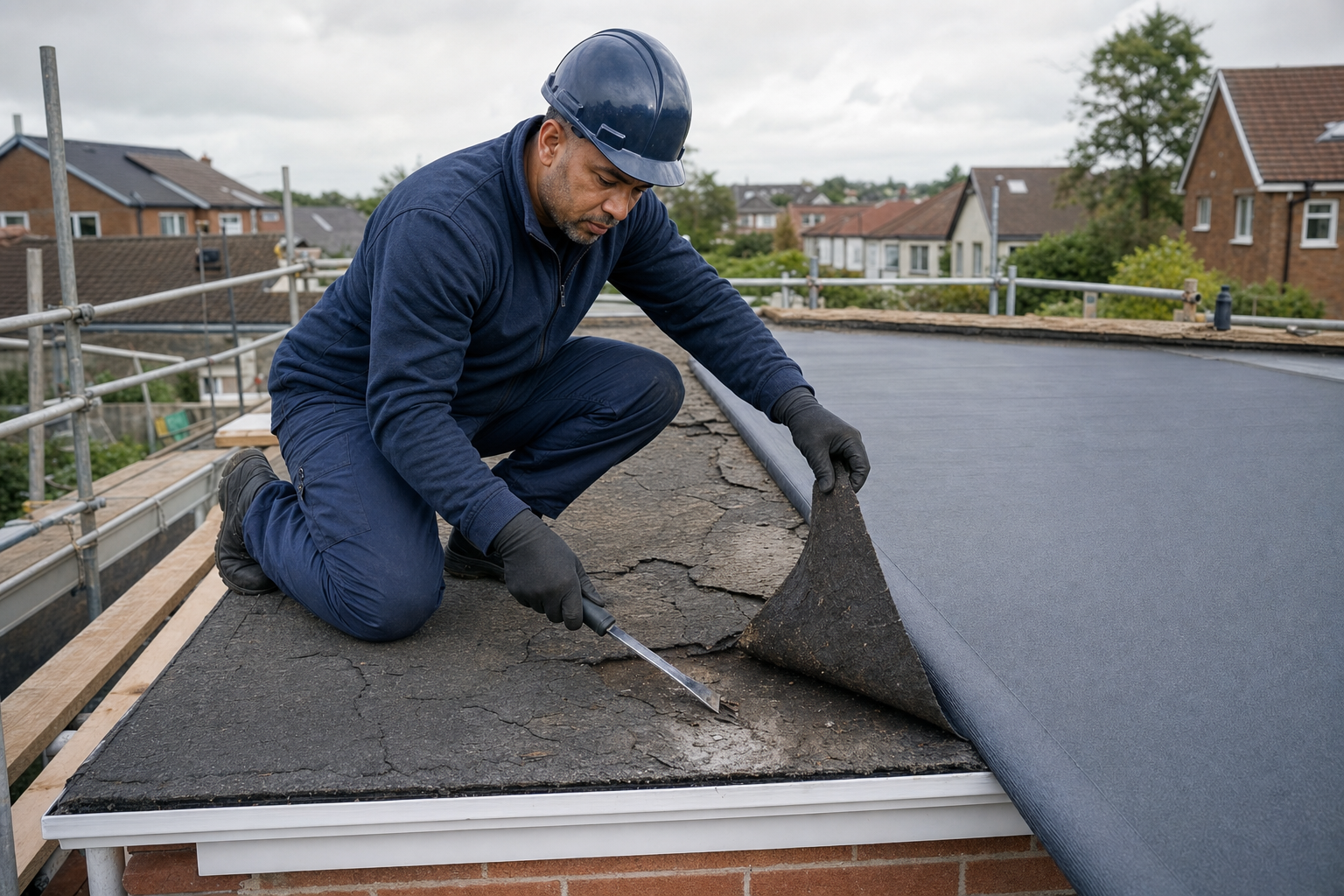 Roofer wearing a blue helmet and gloves repairs a flat roof by lifting worn materials on a residential building.