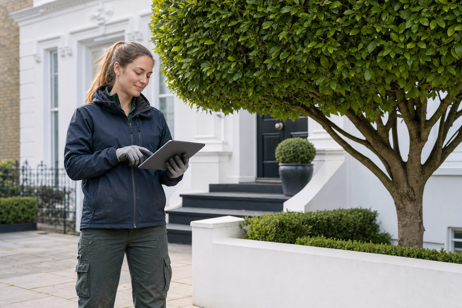 A woman in outdoor work attire uses a tablet in front of a stylish white house with neatly trimmed greenery.