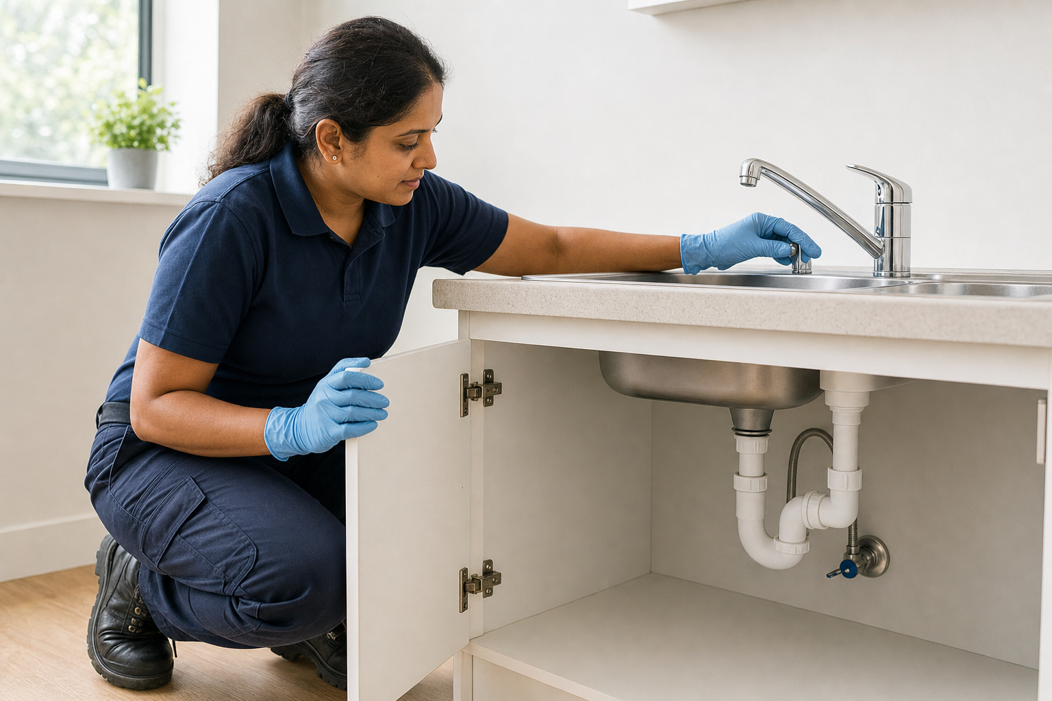 A plumber in blue gloves inspecting pipes under a kitchen sink.