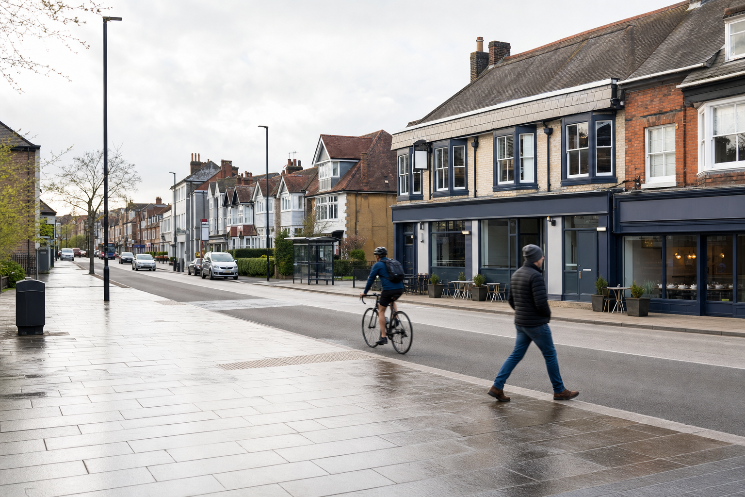 Cyclist and pedestrian on a quiet street with terraced houses and a café.