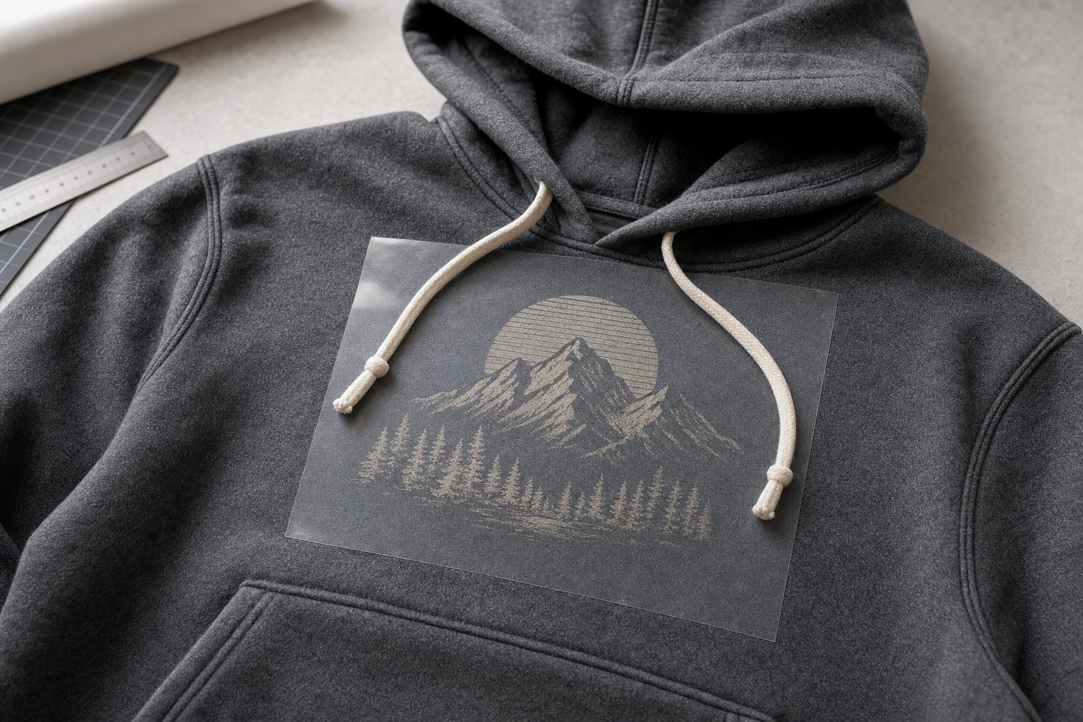 Dark grey hoodie with mountain landscape design under a transparent print layer.