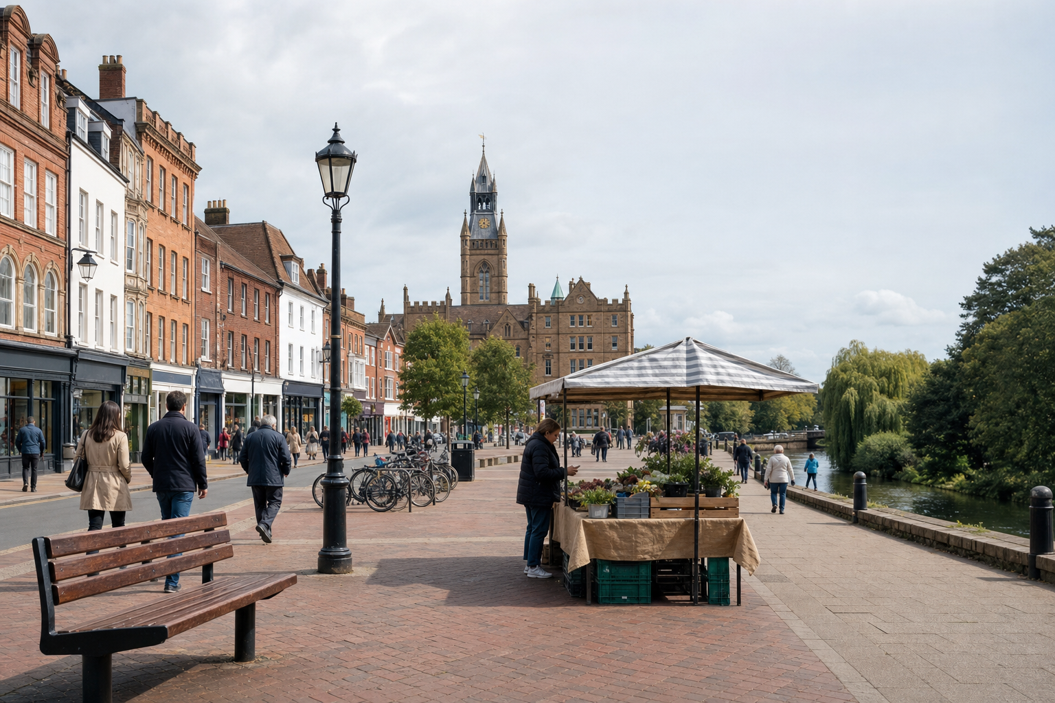 Busy riverside promenade with people walking past a flower stall, historic buildings, and a clock tower in the background.