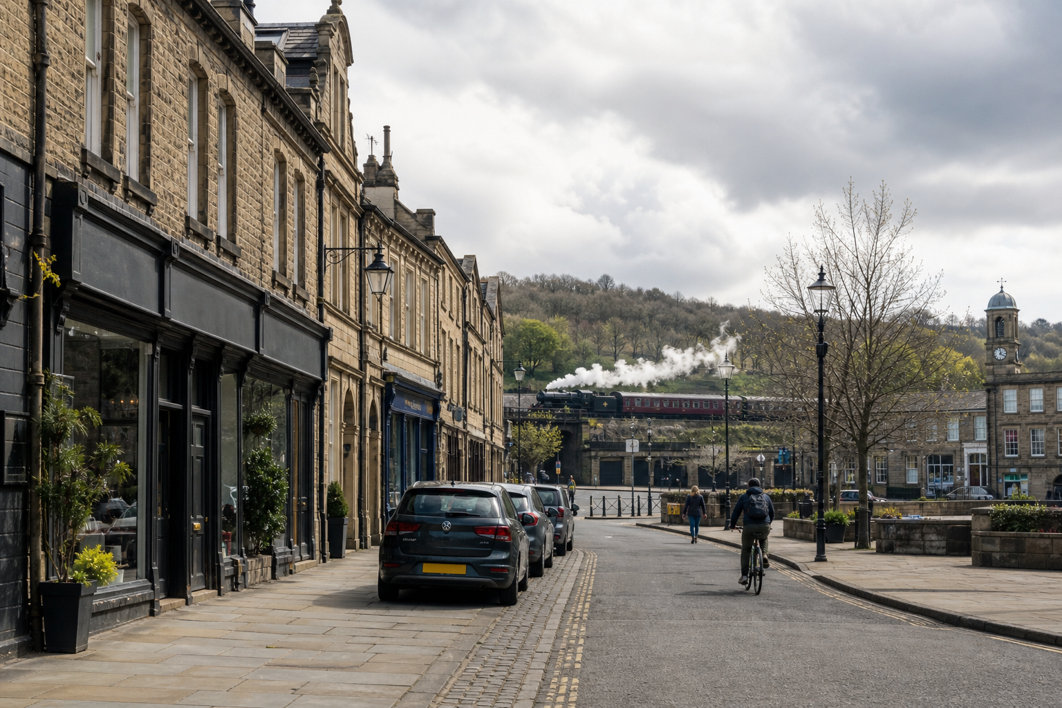 A cyclist rides along a cobbled street lined with stone buildings, while a steam train passes on a bridge in the background.