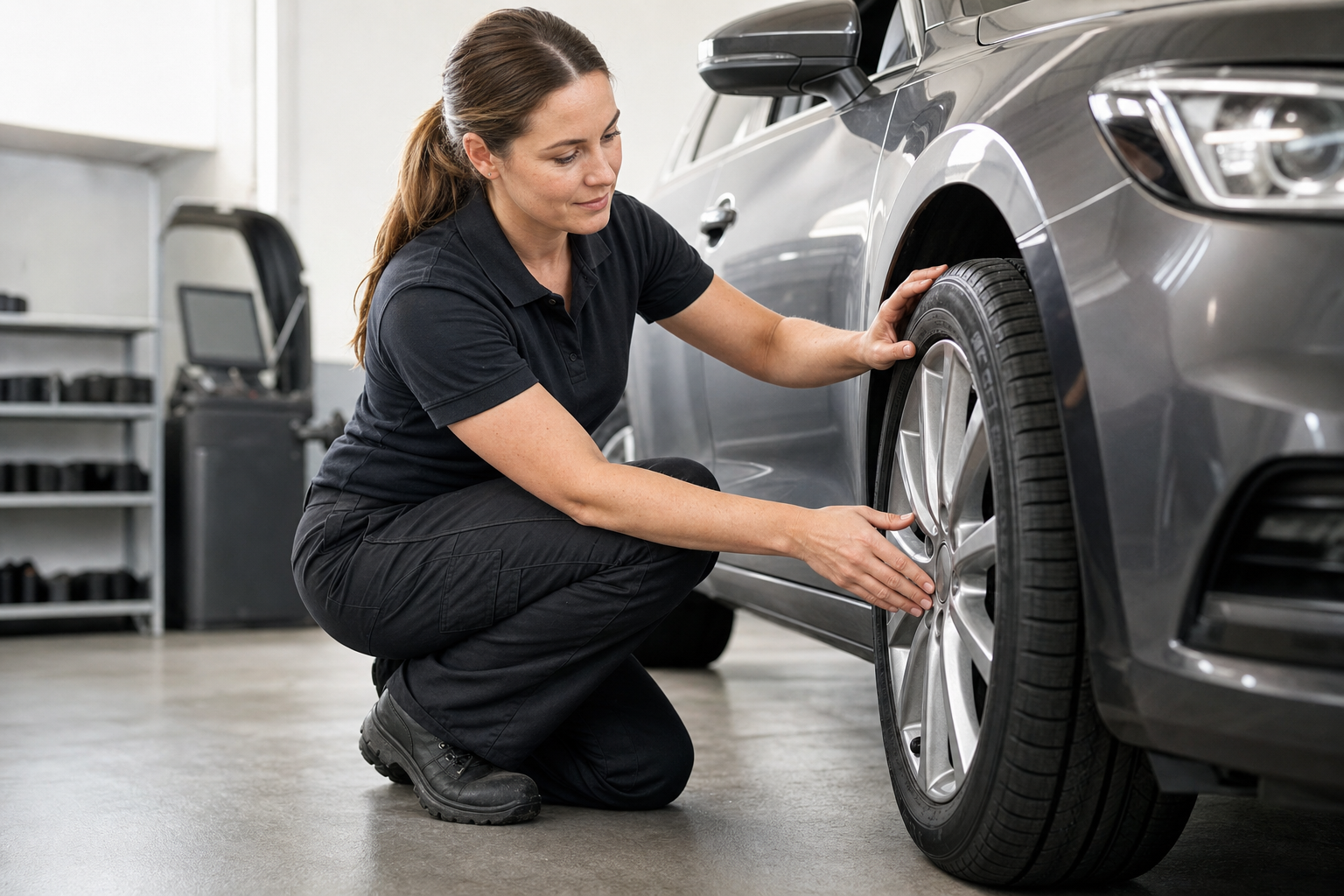 A mechanic in a garage inspects the front tyre of a grey car.