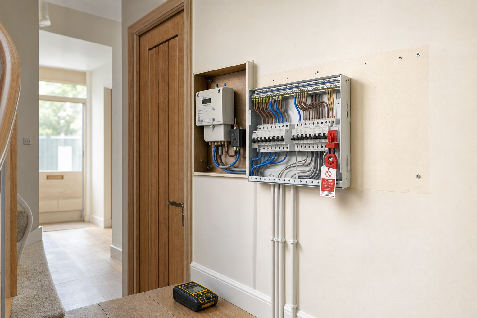 Electric circuit breaker box mounted on a hallway wall, with a warning tag and a multimeter lying on the floor.