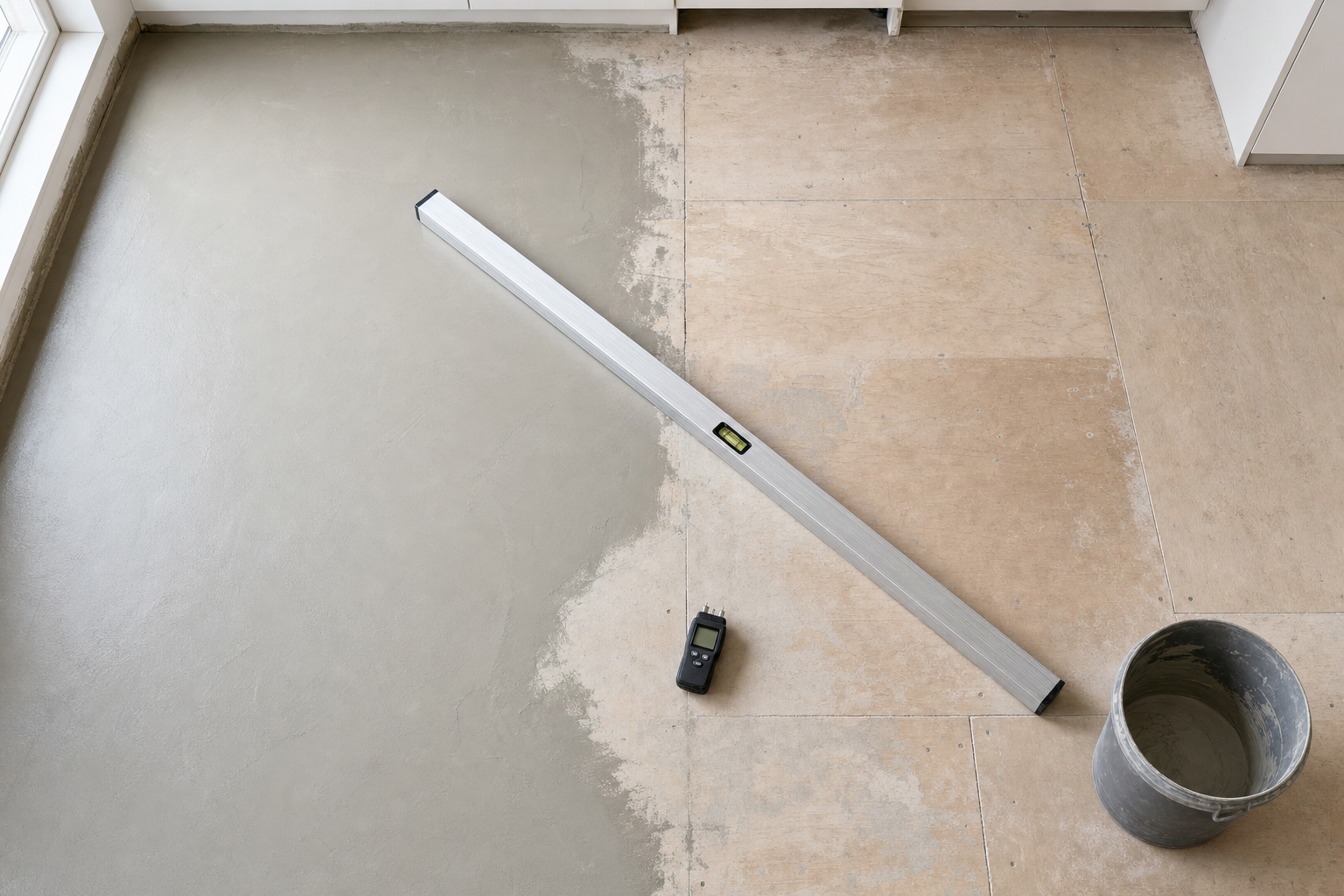A partially levelled floor with a levelling tool, a digital moisture meter, and a bucket nearby.