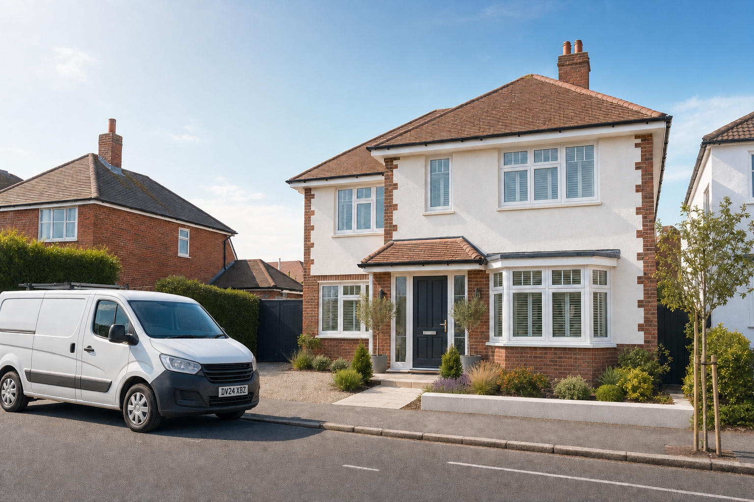 A white van is parked on a residential street in front of a two-storey house with a well-kept garden.