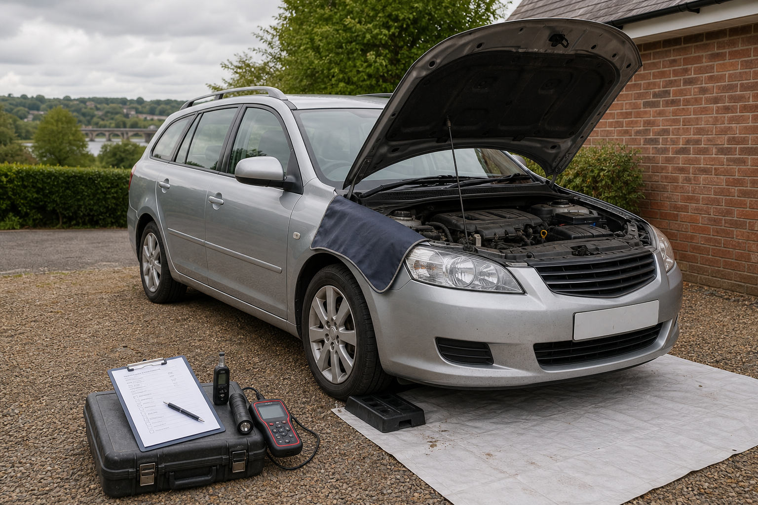 Silver station wagon with hood open, parked on a driveway with diagnostic tools on the ground.