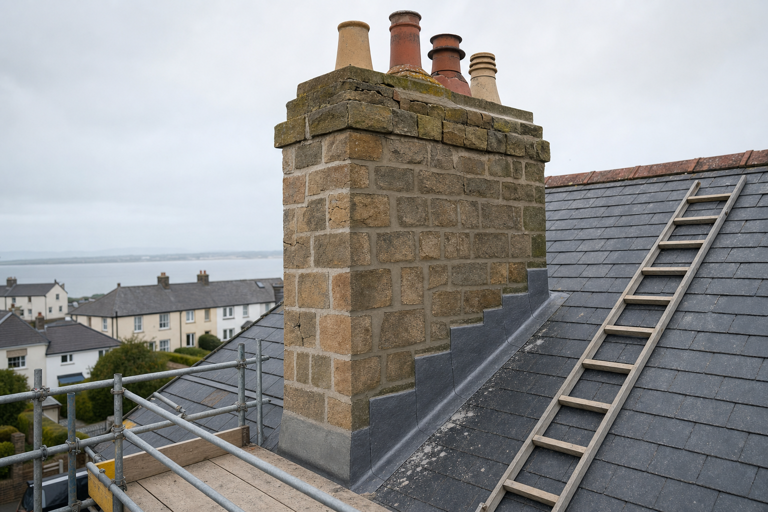 Stone chimney with multiple pots on a slate roof, accompanied by scaffolding and a ladder, overlooking a coastal village.