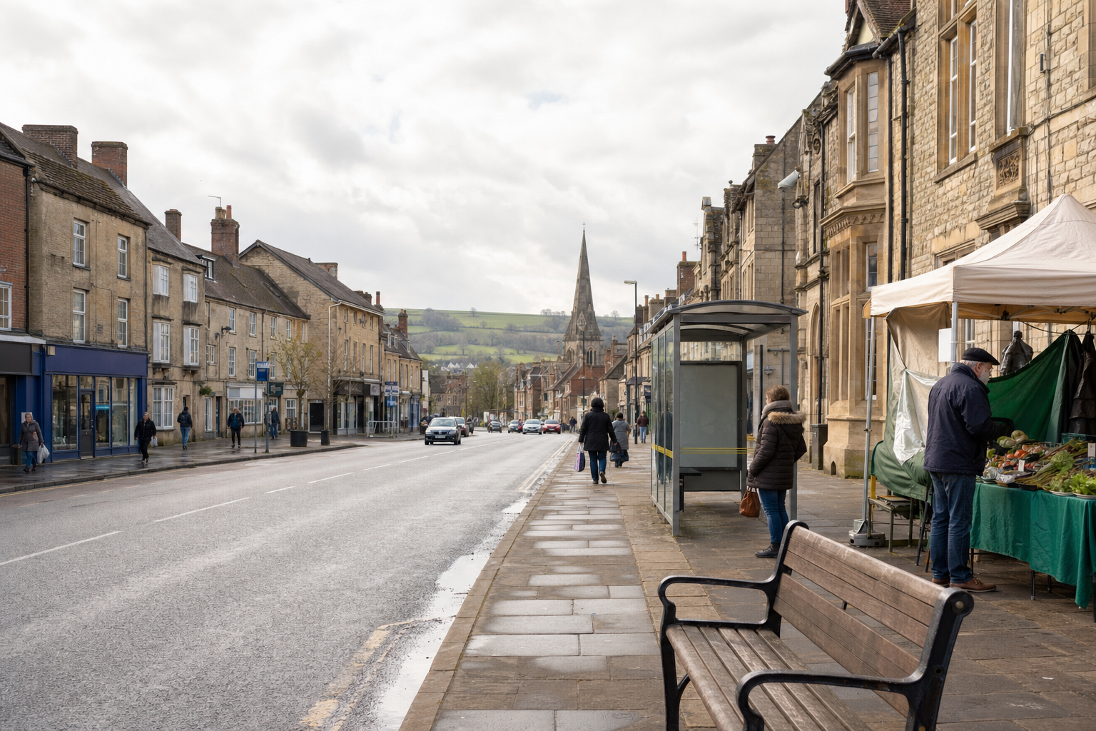 Street scene with a market stall and people walking along a historic town's pavement under a cloudy sky.