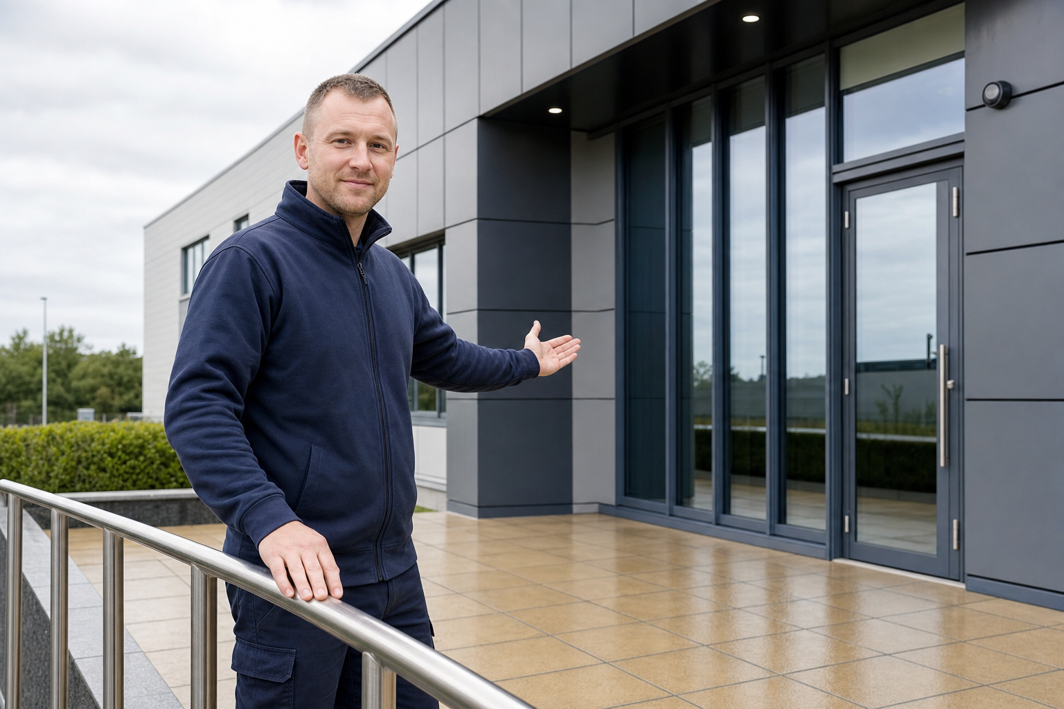 Man in a blue jacket gesturing towards a modern building entrance.