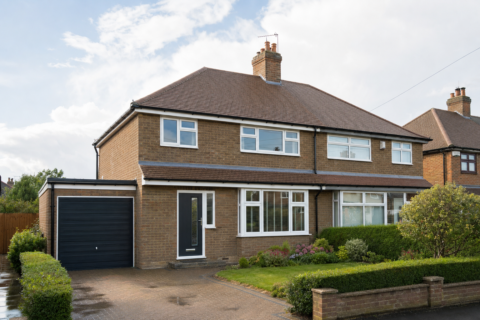 A semi-detached brick house with a garage, front garden, and a neatly paved driveway under a partly cloudy sky.