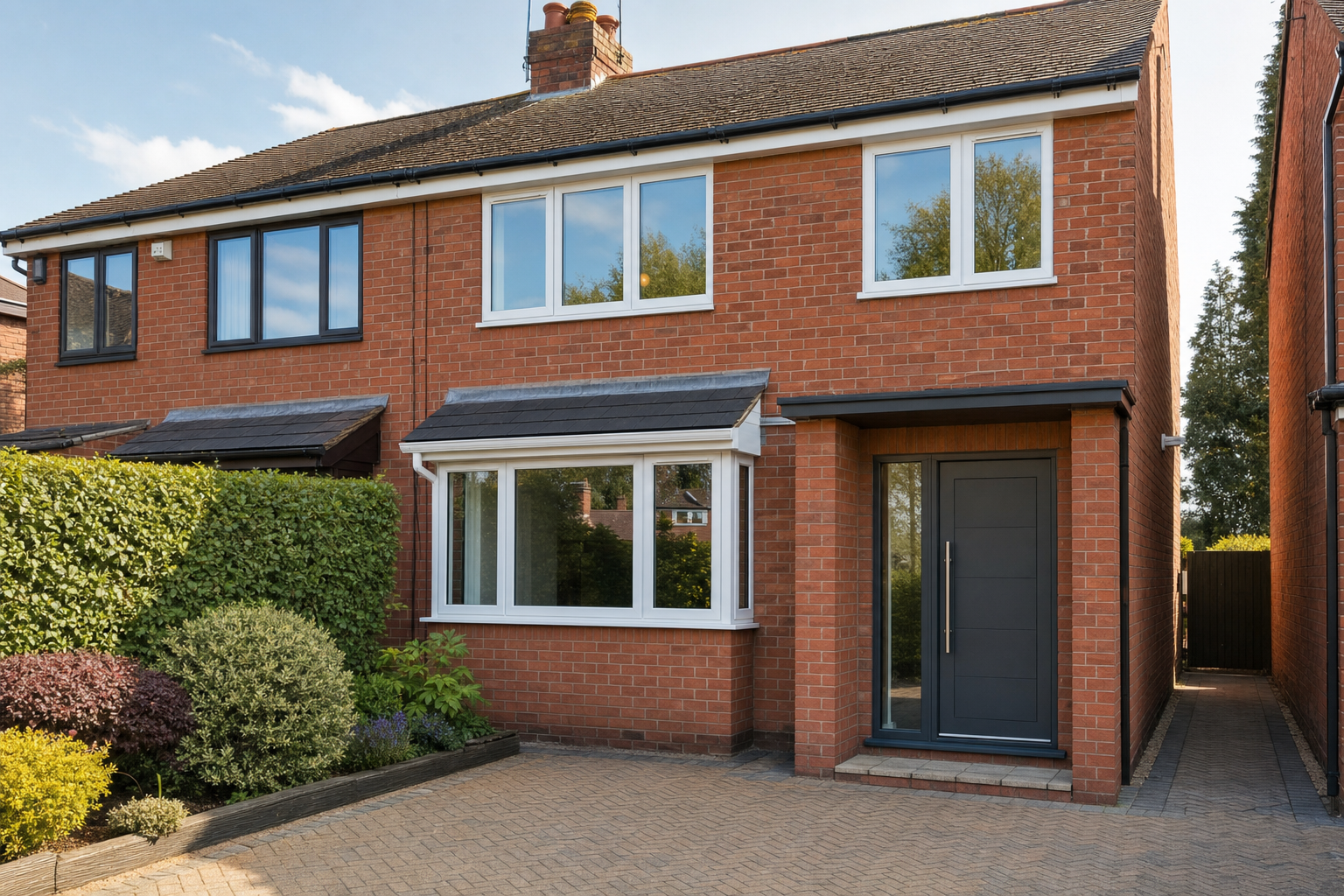 A semi-detached red brick house with a contemporary blue front door and neat garden, under a clear blue sky.