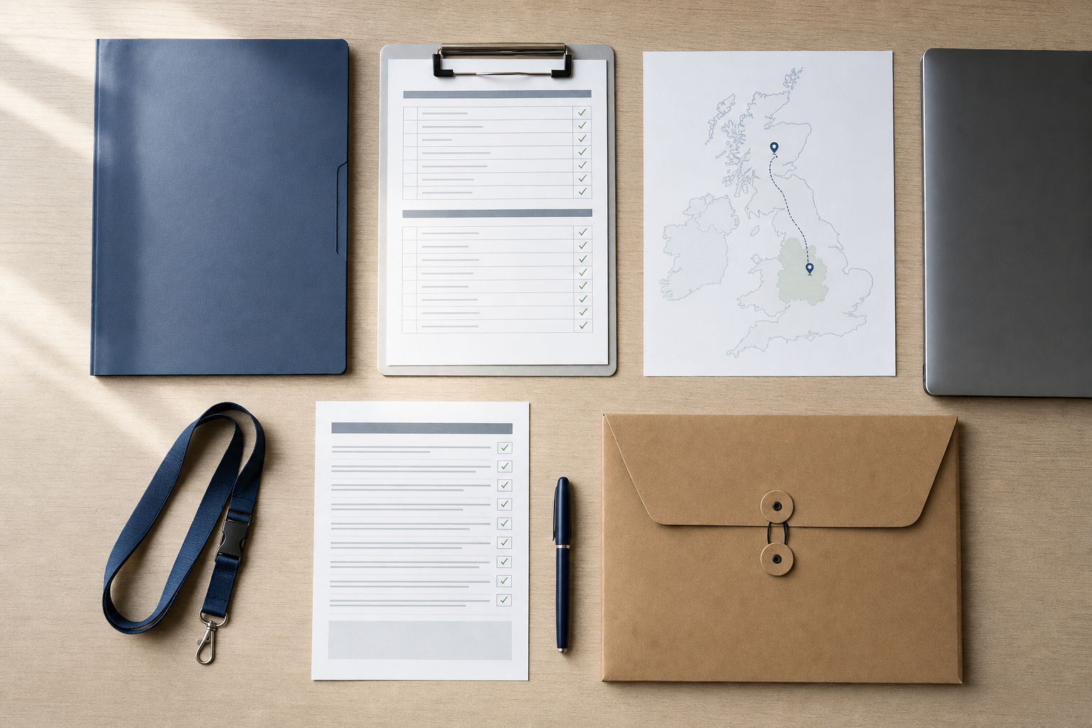Organised workspace with a clipboard, map, notebook, lanyard, pen, envelope, and laptop on a wooden desk.