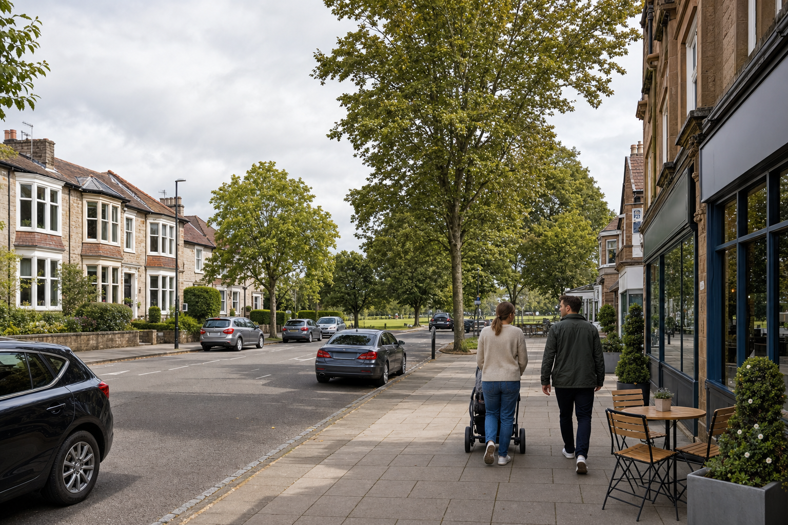 A couple walks with a pram along a tree-lined suburban street with parked cars and outdoor café seating.