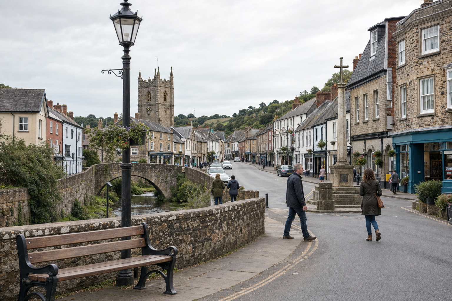 A quaint English village street with a stone bridge, church tower, and people strolling.