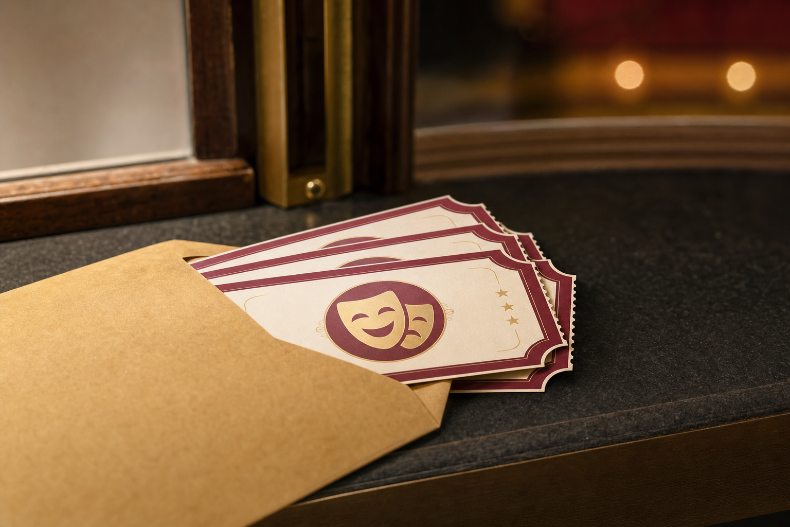 Four theatre tickets emerging from a brown envelope on a box office counter.