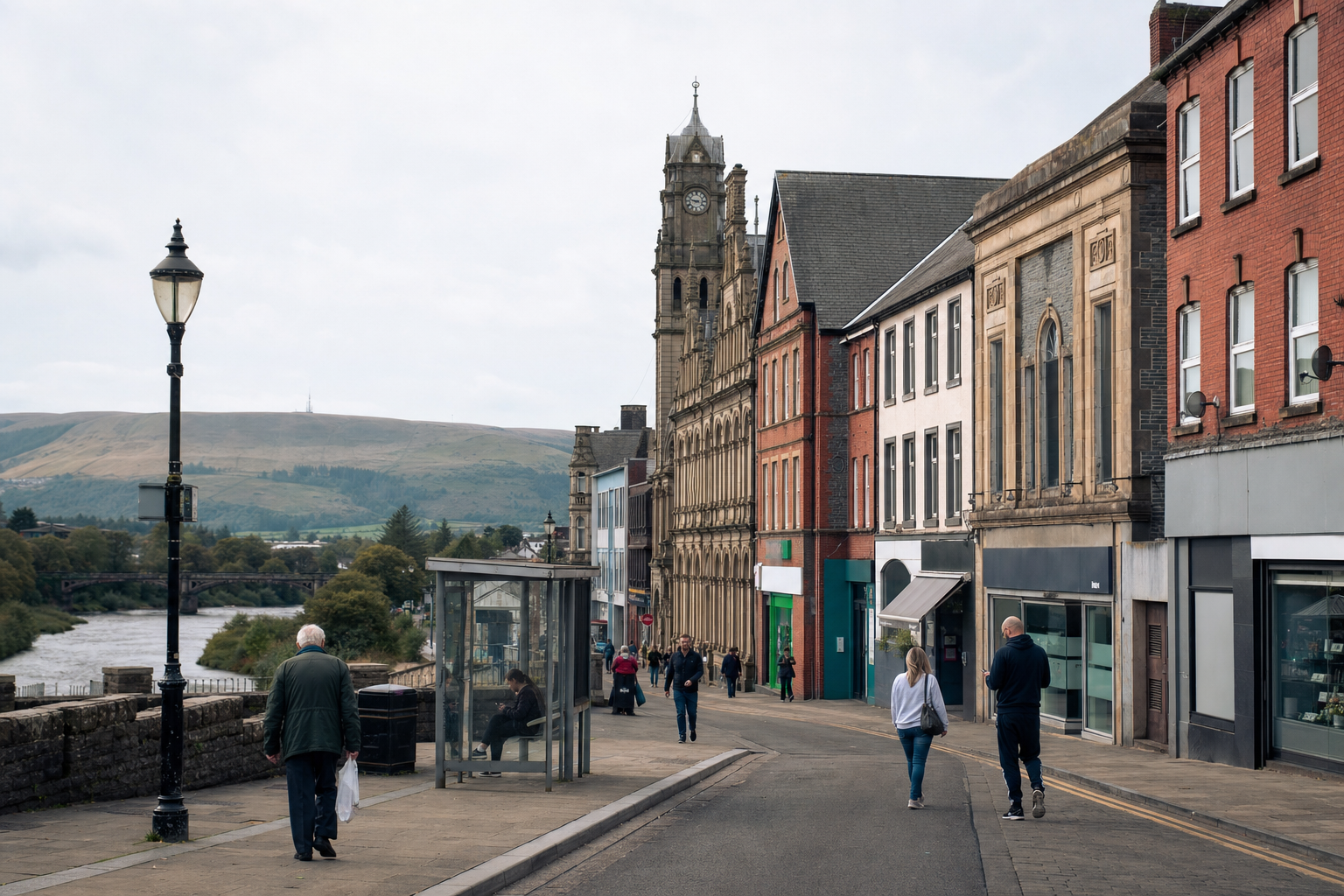A quiet street scene with people walking and a backdrop of hills and historic buildings.