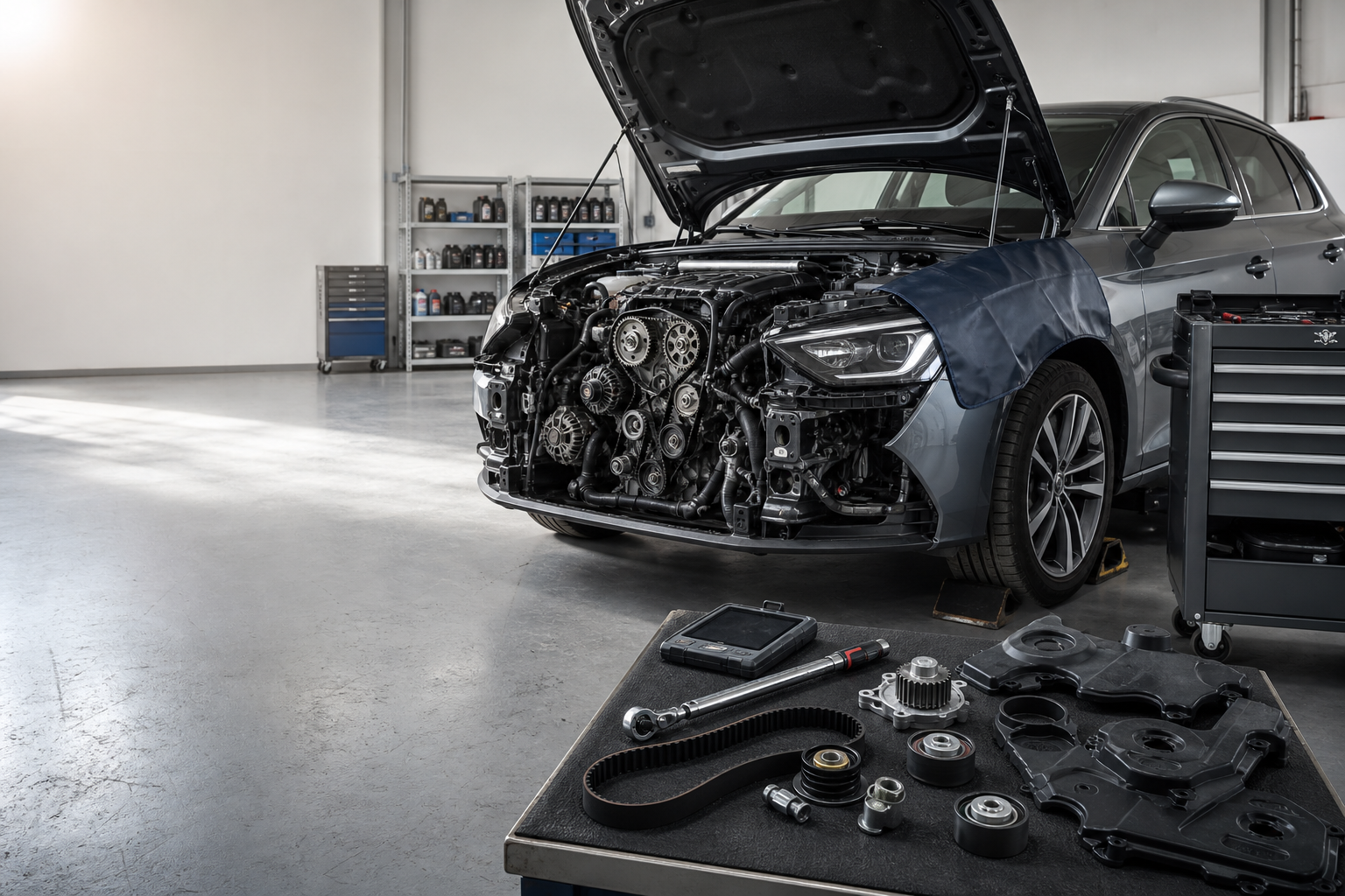 Car with hood open undergoing engine repair in a tidy garage.