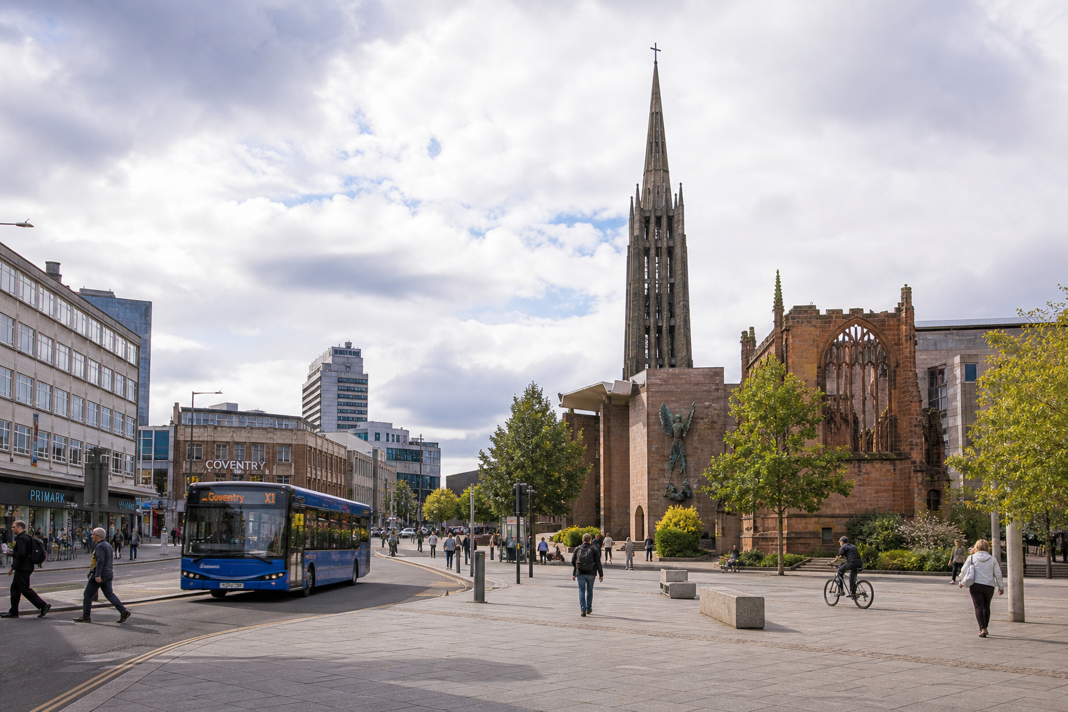 A blue city bus passes people walking and cycling near historic church ruins and a tall spire in Coventry city centre.