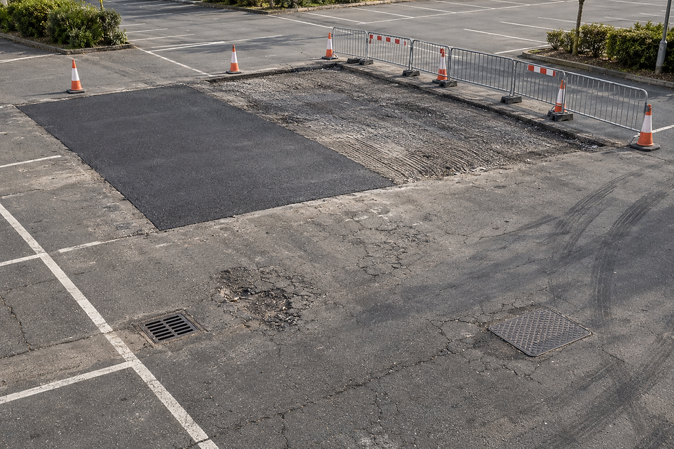 A car park with a newly repaired tarmac section beside a cordoned-off area.