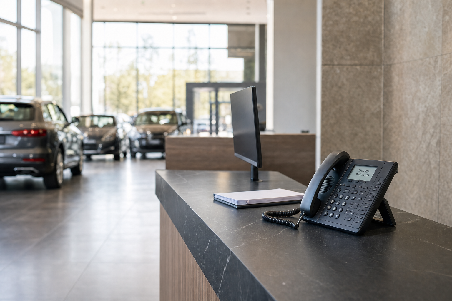 A sleek car showroom reception desk with a telephone, monitor, and notebooks.