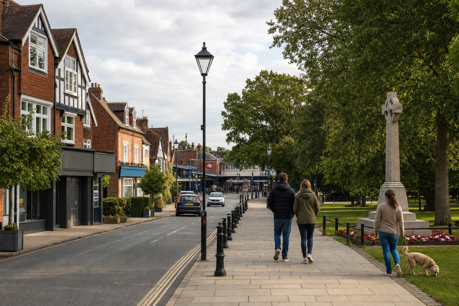 People walking along a tree-lined pavement next to a memorial cross and British railway station.